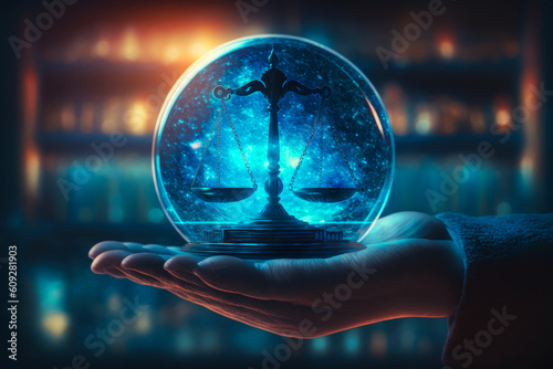 Captivating balance of justice within a transparent, holographic sphere held by an attorney or jurist's hand, invoking emotion and modern digital style. Generative AI
