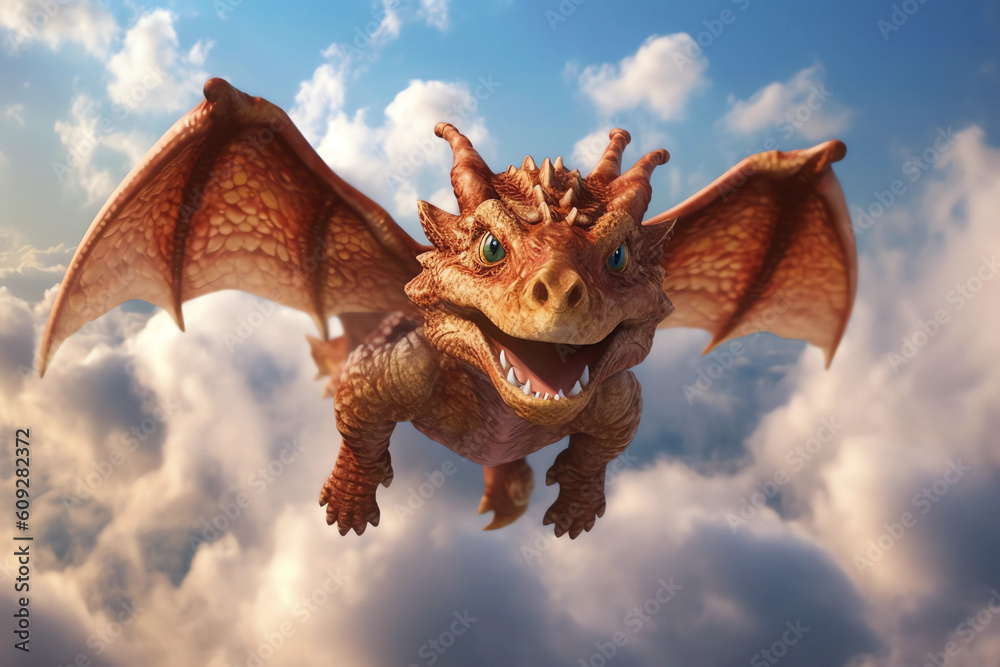 Cute dragon, a mithological legendary creature from the folklore of cultures wordwide. Generative AI.