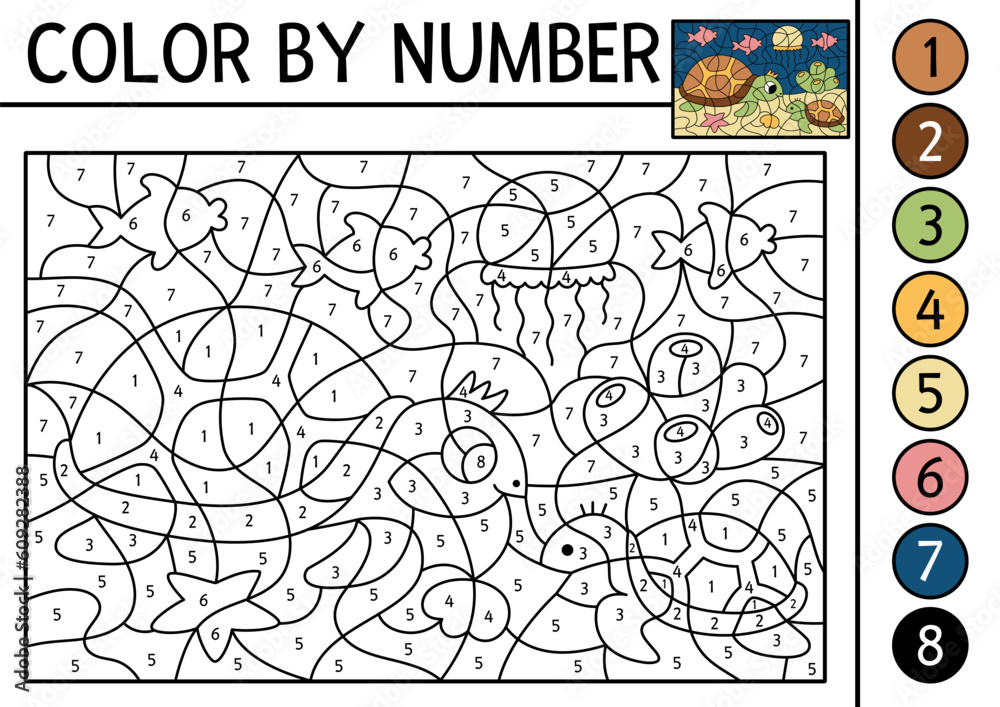 Vector under the sea color by number activity with turtle and baby. Ocean life scene. Black and white counting game with water animal. Coloring page for kids with underwater landscape.