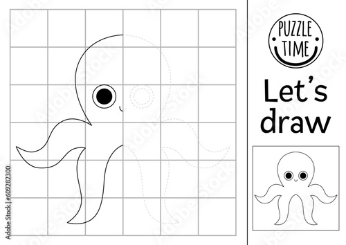 Complete the octopus picture. Vector under the sea symmetrical drawing practice worksheet. Printable black and white activity for kids. Copy the picture ocean life coloring page with water animal.