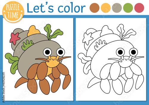 Under the sea coloring page for children with hermit crab. Vector ocean life outline illustration with cute water animal. Color book for kids with colored example. Drawing skills printable worksheet © Lexi Claus