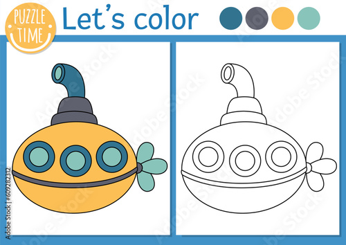 Under the sea coloring page for children with submarine. Vector ocean life outline illustration with underwater boat. Color book for kids with colored example. Drawing skills printable worksheet.