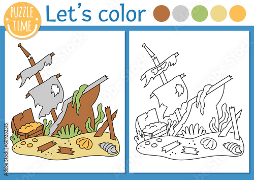 Under the sea coloring page for children with wrecked ship. Vector ocean life outline illustration with ruined boat. Color book for kids with colored example. Drawing skills printable worksheet.