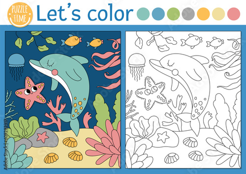 Under the sea coloring page for children with dolphin underwater scene. Vector ocean life outline illustration. Color book for kids with colored example. Drawing skills printable worksheet.