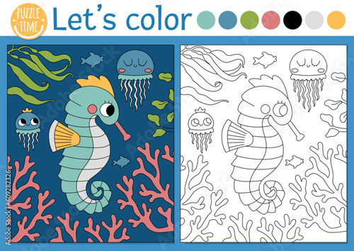 Under the sea coloring page for children with seahorse underwater scene. Vector ocean life outline illustration. Color book for kids with colored example. Drawing skills printable worksheet.