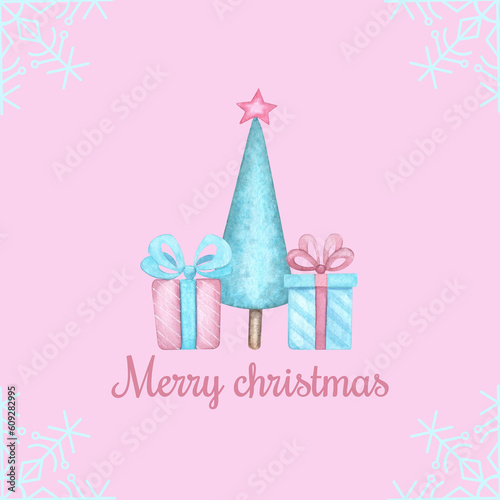 Christmas card with Christmas tree and gifts