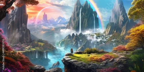 Realm of Wonder Cliffs, Waterfall, Rainbow, and Whirling Magic in a Fantasy Landscape Wallpaper - Fantasy Landscape with Cliffs, Waterfall and Rainbow Background created with Generative AI Technology © Sentoriak