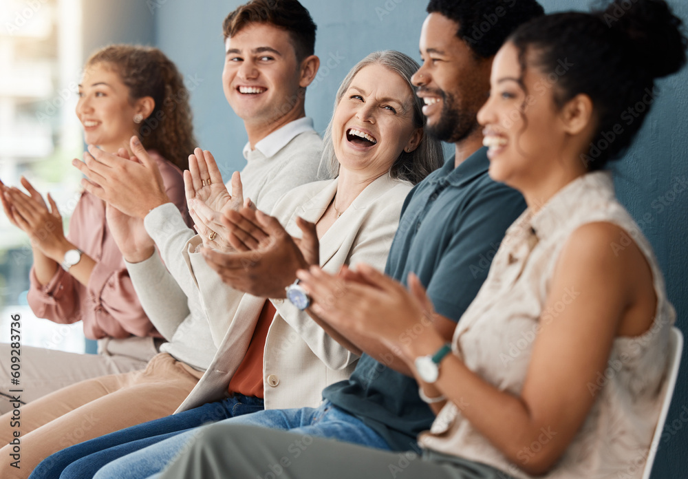 Diversity, audience clapping and in a meeting together for success at modern workplace office. Achievement or happiness, celebration or support and happy colleagues with applause at their work Diversity, audience clapping and in a meeting together for success at modern workplace office. Achievement or happiness, celebration or support and happy colleagues with applause at their work