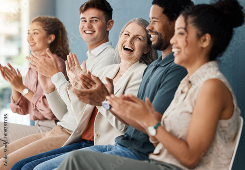 Diversity  audience clapping and in a meeting together for success at modern workplace office. Achievement or happiness  celebration or support and happy colleagues with applause at their work