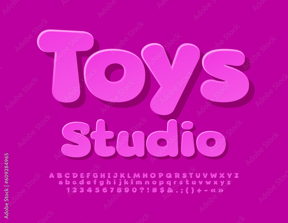 Vector pink Sign Toys Studio. Bright sticker Font. Creative set of Alphabet Letters and Numbers