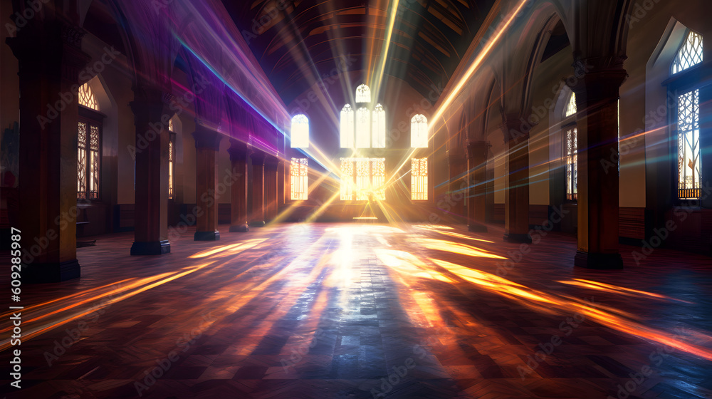Vibrant beams of light radiating from a central source, illuminating the surroundings created with Generative AI technology
