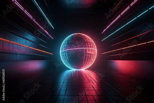 Abstract background colorful sphere made of yellow neon glow hi-tech sci-fi futurisctic energy.AI Generative