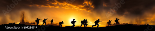 Captivating military assault silhouette against sunset backdrop  portraying intense romantic warfare emotions     perfect to evoke strong feelings and stand out from the crowd. Generative AI