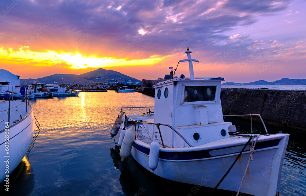 Colorful sunset in fishermen village and harbour.