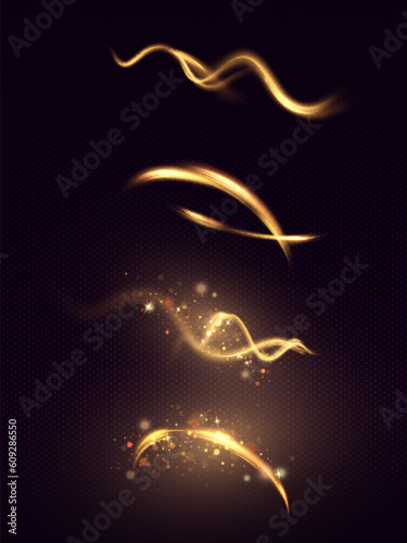 Glowing speed lines. The effect of magic and magic. Light glowing effect. A wave of a light trace, a line of a fiery trace and a whirlpool of a curved thread. yellow glowing golden lines