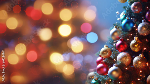 Christmas wallpaper with place for text. Christmas tree with balls. Bokeh colorful background. 