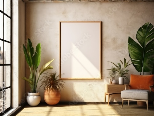 a beautiful mockup for Posters with a wooden Posterframe and a nice arrangement photo