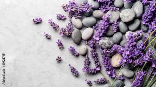bunch of lavender with stones on a clean marble surface background photo