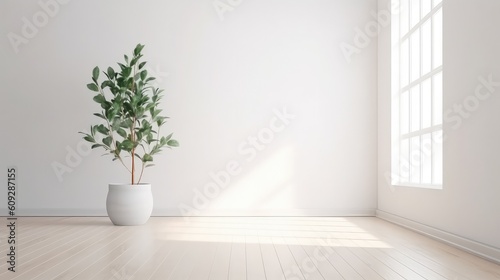 a clean room with a simple arrangement of a green plant while soft light is shining through the window
