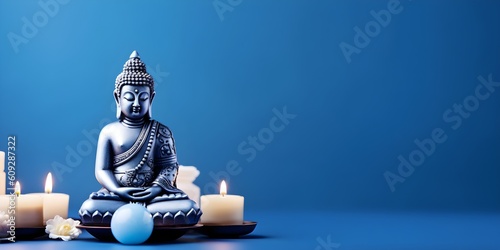 A Buddha statue, candle and lotus flower on blue background with copyspace. Generative AI