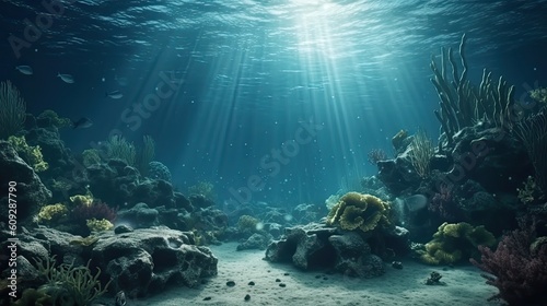 Underwater blue ocean background. Deep underwater sea scene. Generative AI