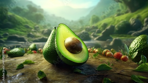 Avocado fresh fruit in the landscape background. Generative AI photo