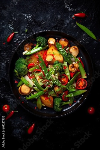 Vegetable stir-fry vegetarian dish on black stone surface background. Generative AI