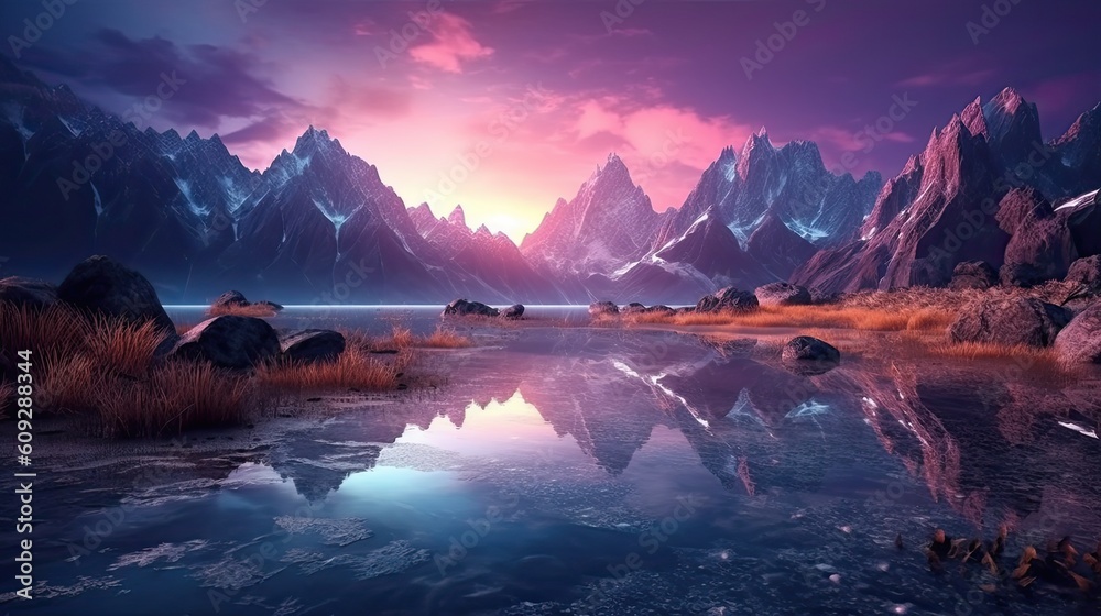 Mountain lake with perfect reflection at sunrise. Beautiful landscape with purple sky, snowy mountains. Generative AI