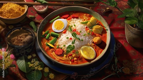 Hainanese Curry Rice tasty meal background. Delicious food. Generative AI