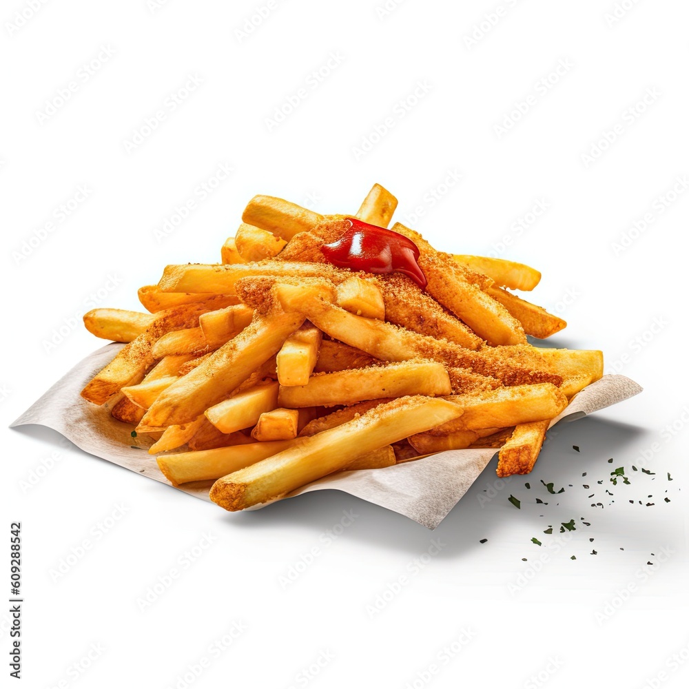 Sweet potato fries vegetarian dish isolated on white background. Generative AI