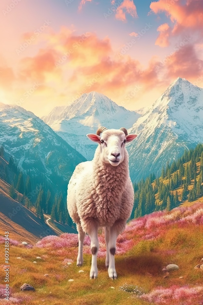 Fototapeta premium Sheep in nature at mountain valley. Generative AI
