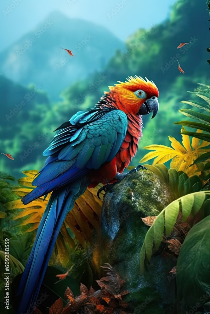 Parrot in nature at mountain valley. Generative AI Parrot in nature at mountain valley. Generative AI