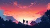 Dark silhouette of young couple hiker were standing at the top of the mountain looking at the stars. Generative AI