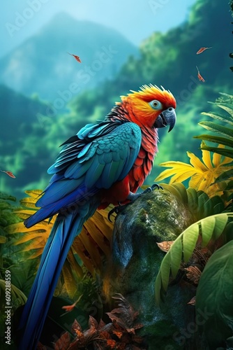 Parrot in nature at mountain valley. Generative AI