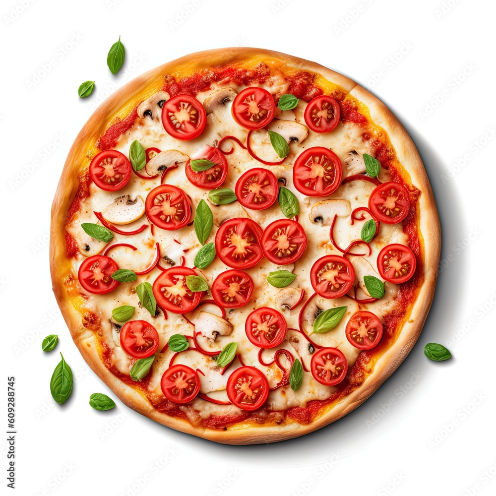 Margherita pizza vegetarian dish isolated on white background. Generative AI Margherita pizza vegetarian dish isolated on white background. Generative AI