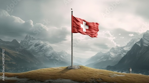 Switzerland flag waving in the wind on flagpole. Generative AI