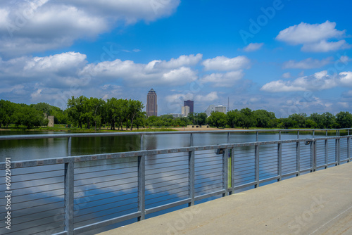 Gray's Lake Bridge and Des Moines Skyline Amidst a Cloudy Blue Sky
