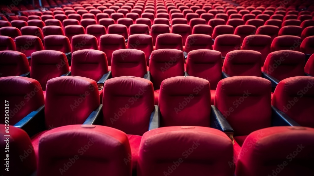 Fototapeta premium Empty red seats in the auditorium of a theater or cinema, generative Ai