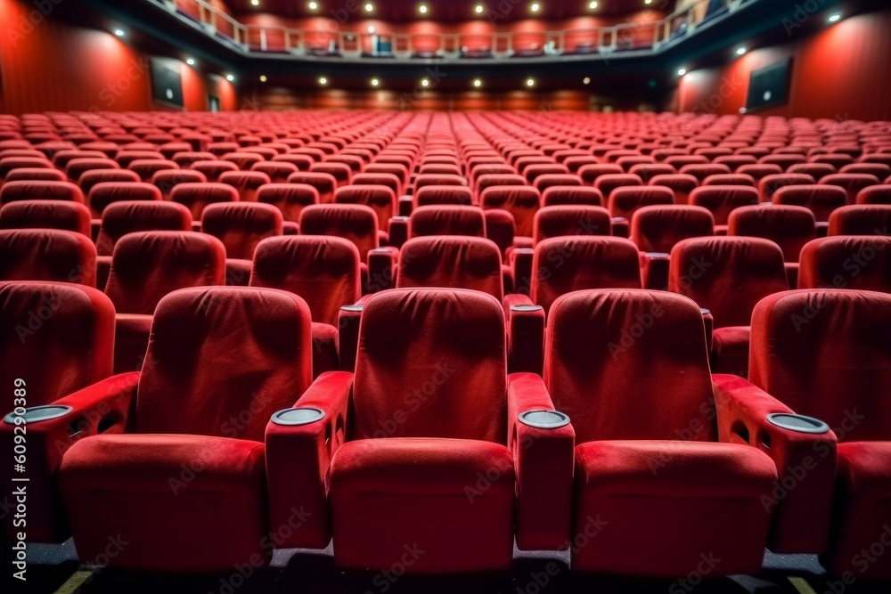 Empty cinema auditorium with red seats. Cinema hall with red seats, generative Ai - obrazy, fototapety, plakaty 