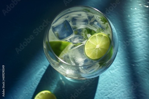 Glass of fresh mojito cocktail with lime on color background, closeup, generative Ai