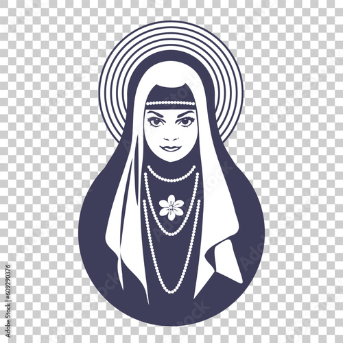 Vector cute young lady nun with halo, beads and flower on isolated background. Religious girl.