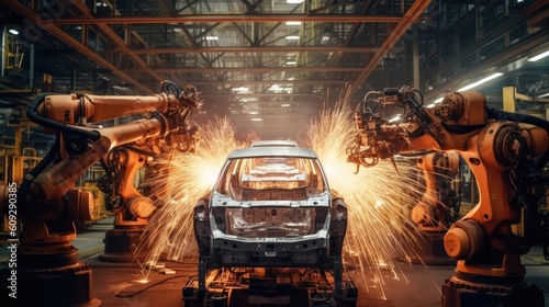 Robots welding in Automobile assembly line production. Heavy industry. Artificial intelligence, Generative AI.