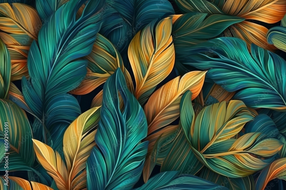 Seamless pattern with tropical leaves. Colorful background for your design, generative Ai