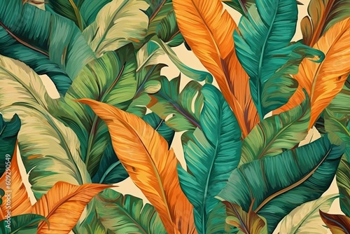 Wallpaper Mural Seamless pattern with tropical banana leaves. Digital illustration for your design, generative Ai Torontodigital.ca