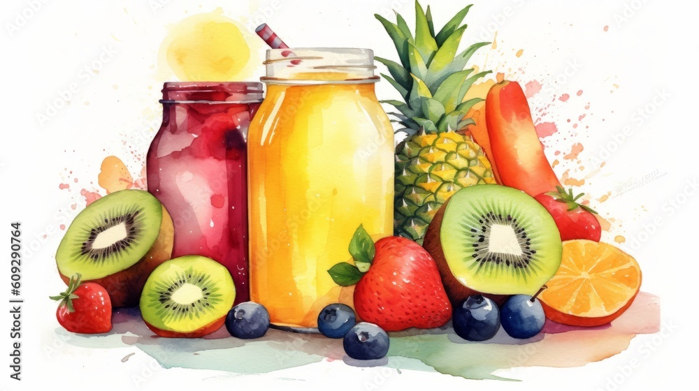 Fruit smoothie in a glass jar. Watercolor hand drawn illustration, generative Ai Fruit smoothie in a glass jar. Watercolor hand drawn illustration, generative Ai