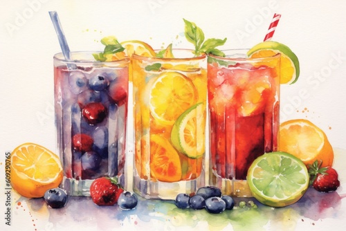Watercolor illustration of summer drinks with fruits and berries. Strawberry, blueberry, orange, lemon, lime, generative Ai