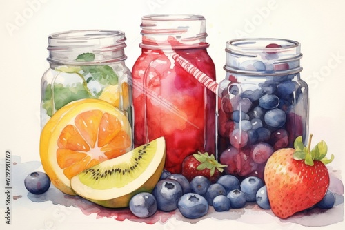 Watercolor illustration of summer cocktails with fruits and berries on white background, generative Ai, generative Ai