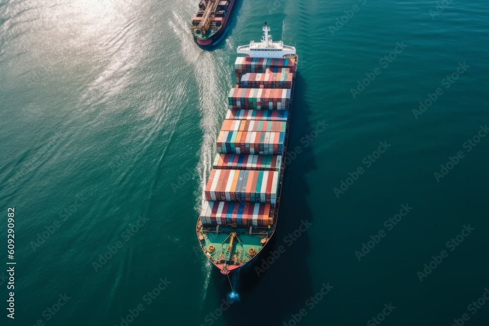 Aerial view of container ship in the sea. Cargo freight ship, generative Ai