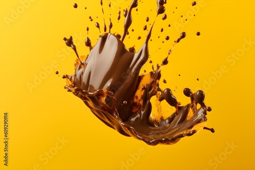 A chocolate splash on yellow background. Generative AI