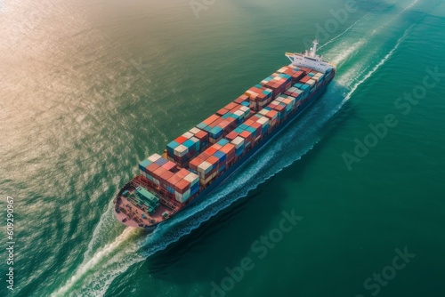 Container ship in the sea. Aerial view of container ship in the sea, generative Ai